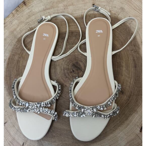 **New** ZARA White Rhinestone Embellished Strappy Sandals - Size 41 (US 10) - Picture 1 of 15